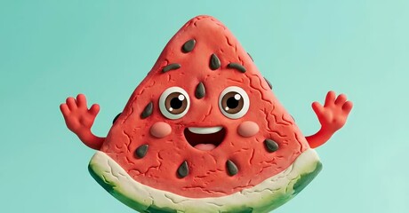 Cheerful watermelon slice character with arms raised, set against a light blue background. - Powered by Adobe