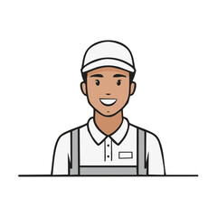 Smiling worker wearing a white cap and overalls with suspenders and a name tag slot