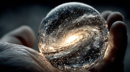 Human hand holding perfectly spherical sphere of liquid mirror reflecting galaxy within idea of holding universe of possibility hand Sci fi 3D art tight composition hand sphere dramatic lighting