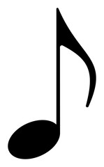 Black vector eighth note icon, minimal quaver rhythm and sound symbol for song, melody, and composition projects, PNG with transparent background