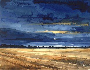 Celestial Symphony: A Watercolor depiction capturing the peaceful harmony of a nightscape, where the moon casts a ethereal glow on a field and dark clouds dance above.