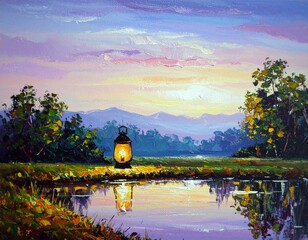 Enchanting Lantern at Twilight: A vintage lantern casting a warm, inviting glow upon a tranquil pond at twilight, surrounded by the embrace of nature's beauty, evokes a sense of peace and serenity.