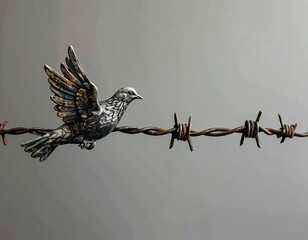 Dove of Peace Symbol: A sculpted dove, symbolizing peace, takes flight against a backdrop of barbed wire, representing the struggle for freedom.