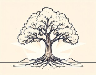 Life Force: A meticulously detailed illustration of a majestic tree, its sturdy trunk and expansive canopy reaching towards the sky, roots firmly planted in the earth, symbolizing strength and growth.