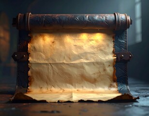Ancient Scroll's Revelation: A weathered antique scroll, unraveled to reveal a blank parchment, sits atop a textured wooden stand, illuminated by a warm light. 