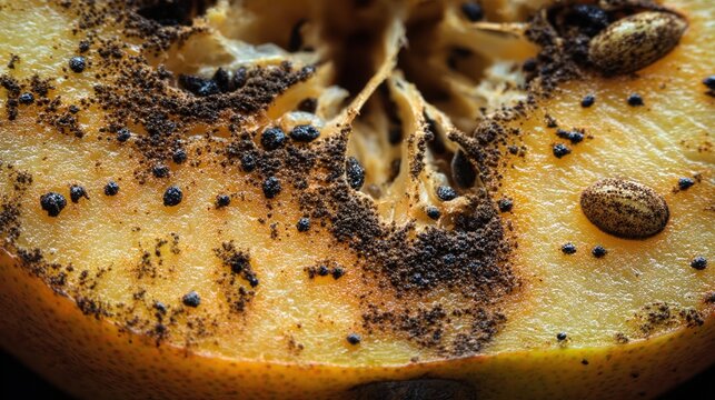 spoilage. A close-up of fruit showing natural decay with dark rot spots. menu design, packaging mockups, designed for culinary blogs and recipe cards for restaurants.
