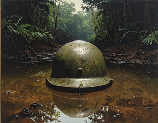 Forgotten Battlefield: An aged military helmet rests in the still, murky water of a jungle stream, its weathered surface telling a silent story of conflict and resilience. 