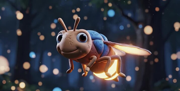 Animated firefly character flying in a forest at night.