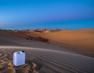Desert Oasis: A lone water container stands out against the vast expanse of desert, a symbol of resilience in an arid landscape, under a clear sky.