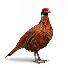 Full-body portrait of a male pheasant with a striking red crown and rich coppery-orange plumage, standing isolated on white background