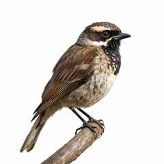 Close-up of a Spectacled Chat perched on a branch, showcasing its distinctive black-and-white facial markings and speckled chest against a clean white background
