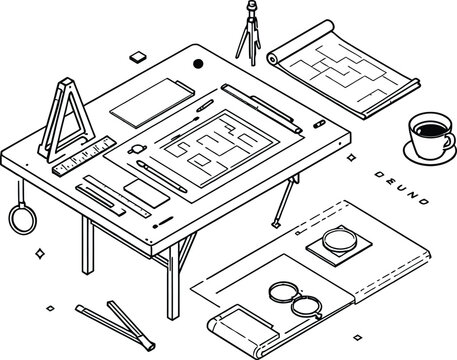 Monochrome Line Drawing of an Architect&rsquo;s Workspace Featuring Drafting Table Blueprints Compass Ruler Coffee and Design Tools in a Stylized Black and White Composition Emphasizing Creativity and Preci