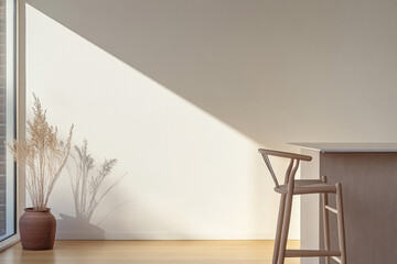 Natural light casts a beautiful shadow from dry plants on a minimalist wall in a serene interior workspace