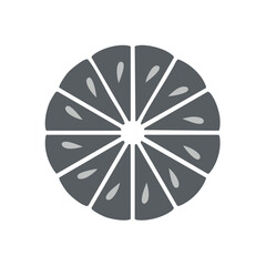 Stylized gray citrus fruit slice icon with segments and seeds, a minimalist graphic illustration.