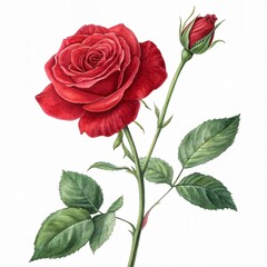 Fototapeta premium Red Rose with Green Leaves and a Small Bud on White Background