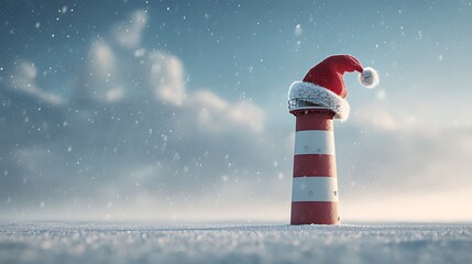 Festive lighthouse adorned with a santa hat in winter landscape