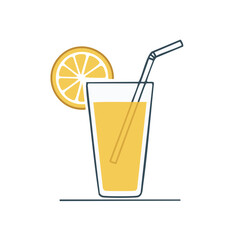Refreshing orange juice with a straw served in glass with a slice of citrus fruit attached to rim in simple line art