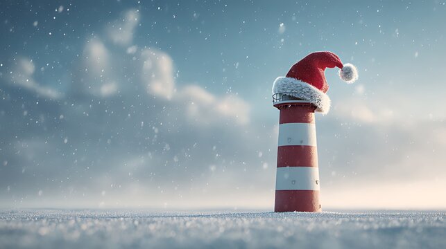 Festive lighthouse adorned with a santa hat in winter landscape
