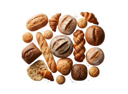 Top-down perspective of assorted breads against a white background