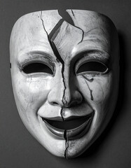 Cracked comedy and tragedy mask in grayscale against a dark backdrop.