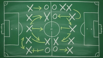 Soccer team strategy drawn on a green chalkboard