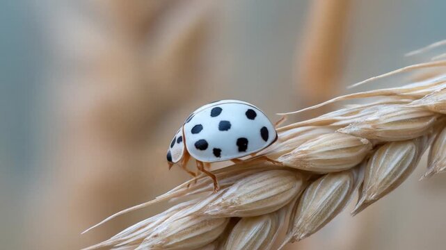 Close up of a white ladybug with black spots crawling on a stalk of wheat outdoors
