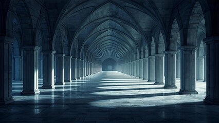 Obraz premium View of long arched corridor with symmetrical columns and shadows creating a sense of depth and architectural beauty