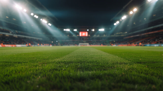 Empty soccer stadium at night with bright lights illuminating the field 