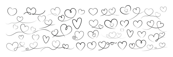 Obraz premium Calligraphic heart line art vector doodle set, hand drawn love symbols with swirly flourishes and decorative divider elements.