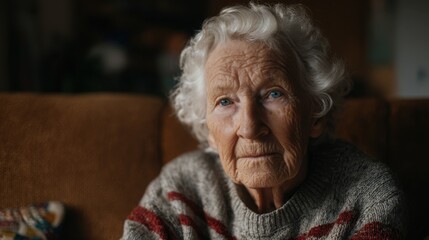 A senior woman with white hair gazes thoughtfully, illuminated by soft light, showing signs of aging gracefully.