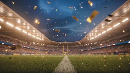 Empty football stadium at night with confetti falling