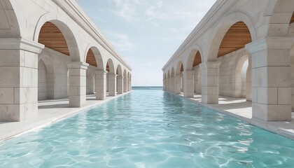 Minimalist Architectural Pool Scene With Reflective Water Arches