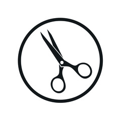 Black scissors in a circle, cutting equipment, simple design concept, illustration, symbol, isolated icon, tool