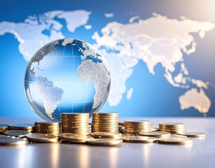 Tariff, trade war. Glass globe resting stack of gold coins with blurred world map background