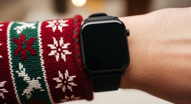 Person wearing black smartwatch with blank screen on wrist, showcasing technology and festive spirit during the holiday season.