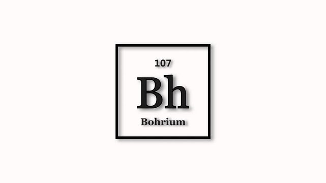 Bohrium element icon animation. Atomic number 107, short symbol Bh, on white background 4k video.