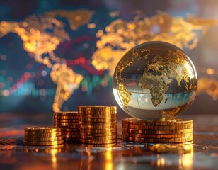 Tariff, trade war. Glass globe resting stack of gold coins with blurred world map background