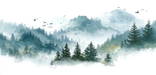 A serene landscape painting portrays a misty mountain scene with evergreen trees and soaring birds in the distance.