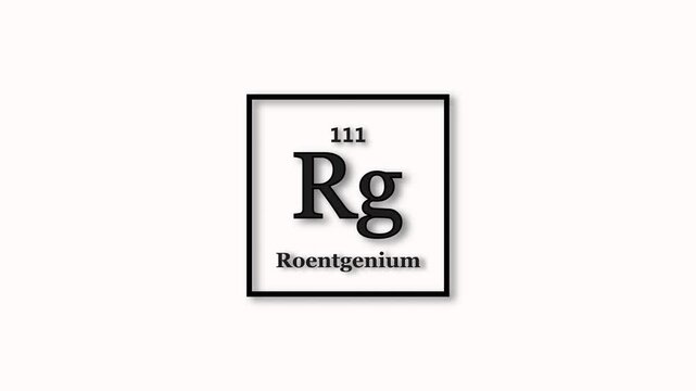 Roentgenium element icon animation. Atomic number 111, short symbol Rg, on white background 4k video.
