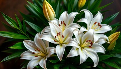 Obraz premium Elegant bouquet of pristine white lilies, lush green foliage, nature, petals