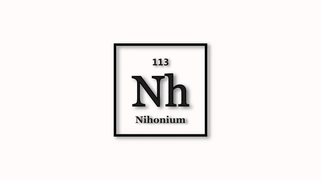 Nihonium element icon animation. Atomic number 113, short symbol Nh, on white background 4k video.