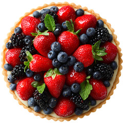 Obraz premium A top down view of a berry tart with strawberries, blueberries, and blackberries isolated on transparent background