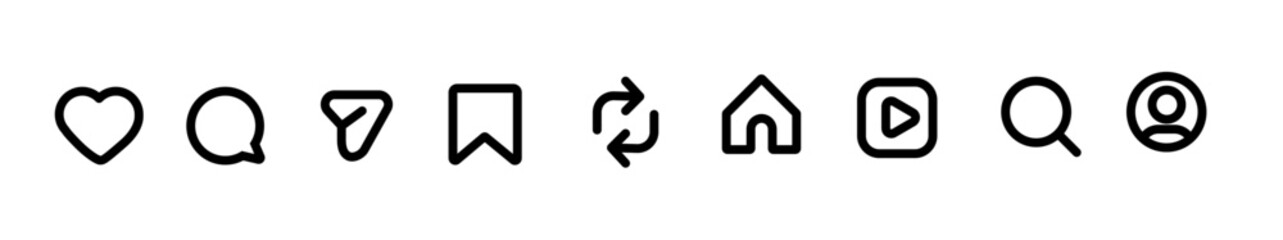 Like, Repost, comment share save Reels Search vector icon set. Site navigation symbol. Social media web linear sign.