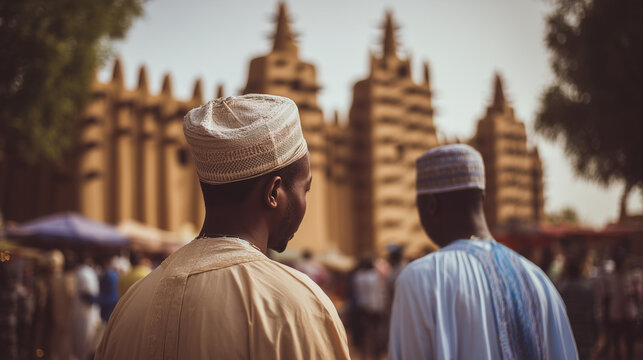 Two men walking near the Great Mosque of Djenn&eacute; during F&ecirc;te de la Gani festival in Mali