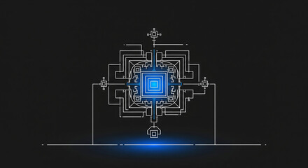 Dark background with glowing blue digital circuit grid