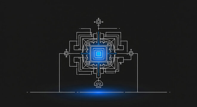 Dark background with glowing blue digital circuit grid
