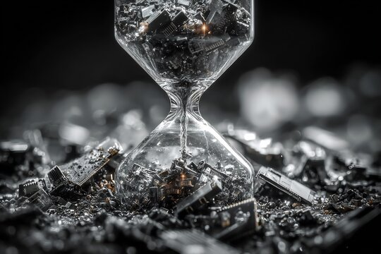 Hourglass where sand replaced tiny crumbling personal computer smartphones concept about digital decay technological obsolescence High contrast black white photograph sharp focus falling e waste stark