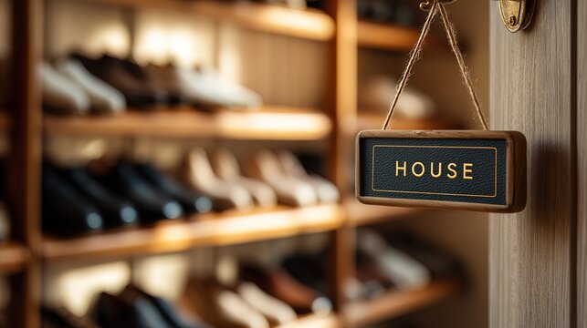 identification. Elegant house nameplate on a wooden door beside a neatly arranged shoe rack. lifestyle magazines, social media lookbooks, designed for lifestyle magazines and social media content.