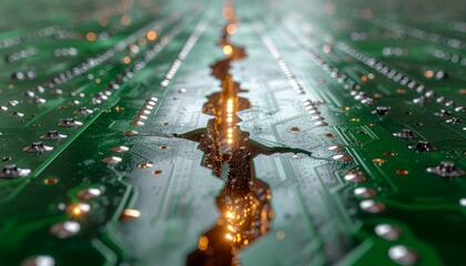 クラックの入った電子基板と光のラインが描く近未来的なテクノロジービジュアル generative ai