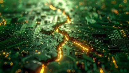 破損した回路基板と光の亀裂が生み出す幻想的なテクノロジーイメージ generative ai